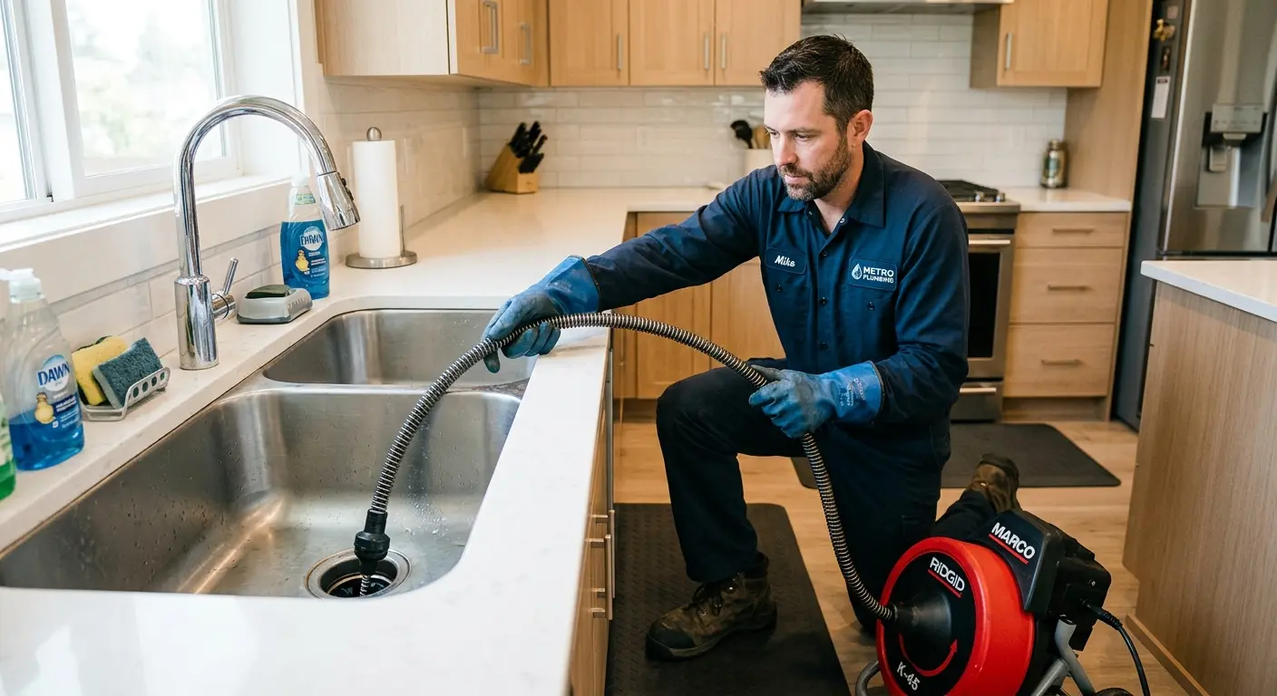Drain cleaning technician using a motorized snake on a kitchen sink in St. Ann