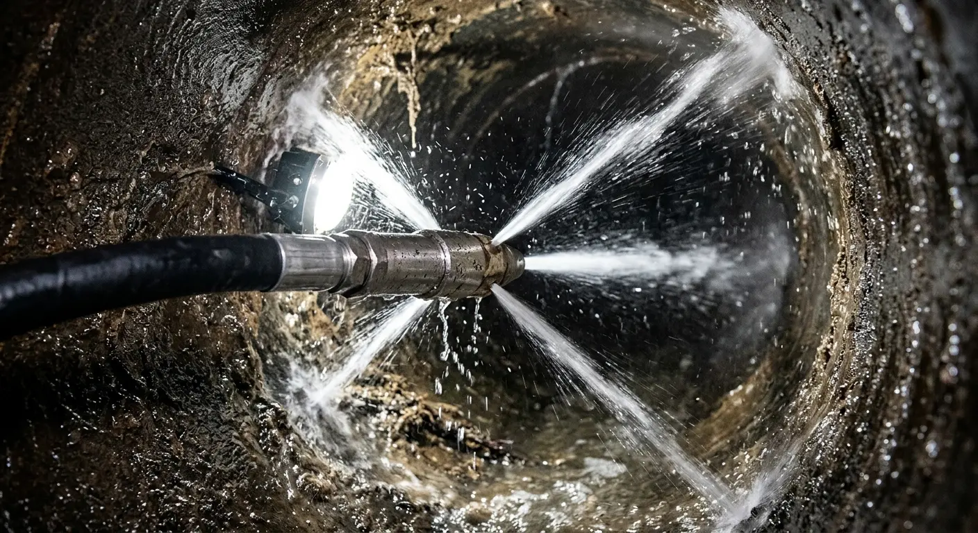 High-pressure hydro jetting nozzle cleaning sewer pipe for Sewer Line Relining in St. Ann