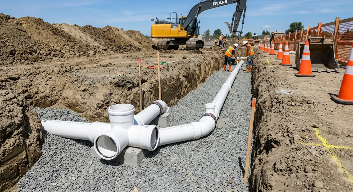 New PVC sewer pipe installation in open trench for Commercial Drain Cleaning in St. Ann