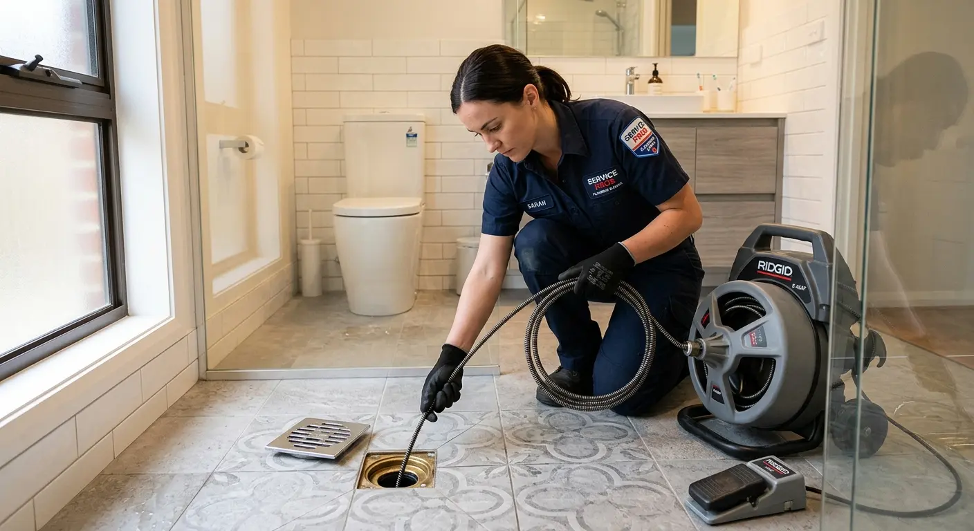 Technician clearing a bathroom floor drain for Clogged Drain Repair in St. Ann